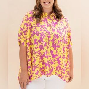 easel Yellow & Pink Floral Button-Up Blouse